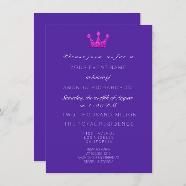 Invitation Cobalt violet roseCouronne Parties scintillant roy (Devant / Derrière)