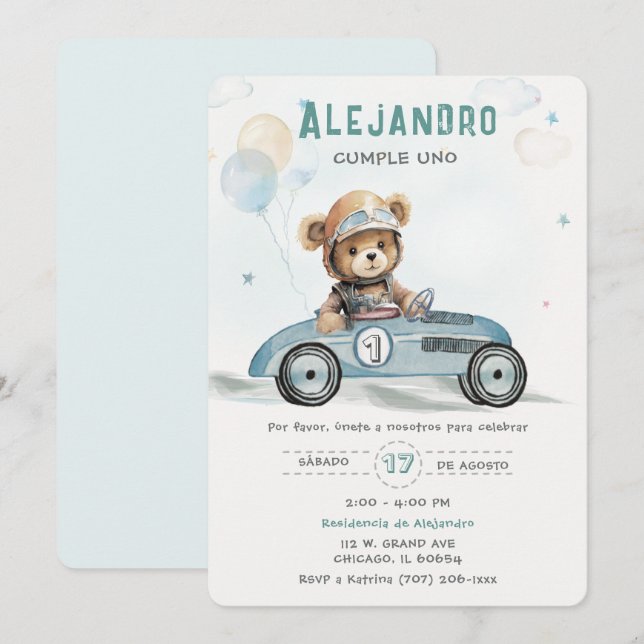 Invitation Coche de Carreras Osito Bebé Primer Cumpleaños (Devant / Derrière)