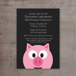 Invitation Cochon de ferme en caricatures - rose et noir