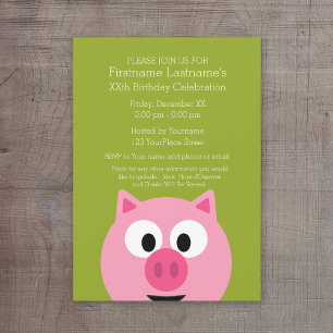Invitation Cochon de ferme en caricatures - rose et vert citr