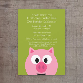 Invitation Cochon de ferme en caricatures - rose et vert citr
