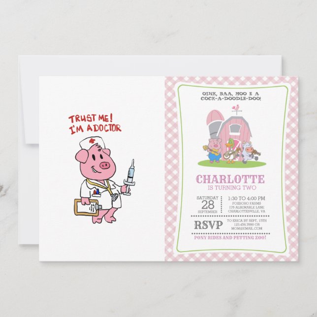 Invitation Cochon docteur avec seringue à la main | choisir l (Devant)