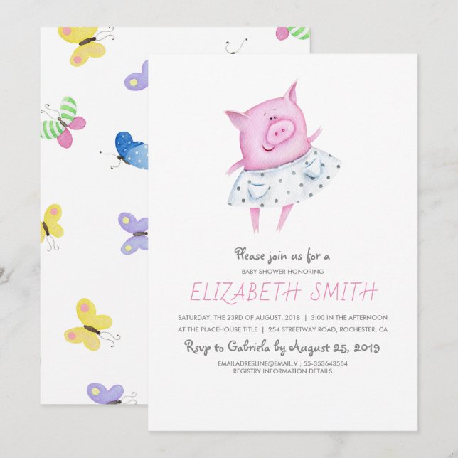 Invitation Cochon mignon | C'est un Baby shower de fille (Devant / Derrière)