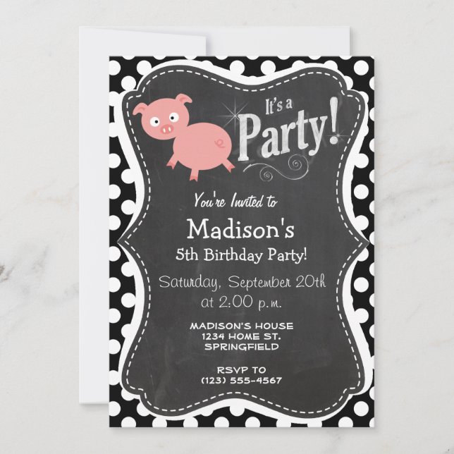 Invitation Cochon mignon sur Pois noir et blanc (Devant)