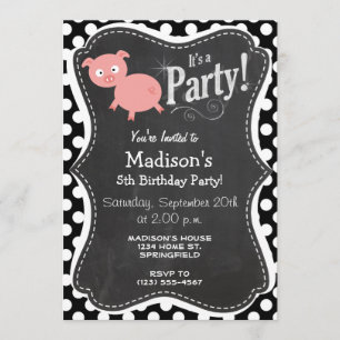 Invitation Cochon mignon sur Pois noir et blanc