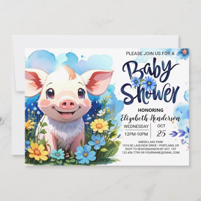 Invitation Cochon's Country Farm Charm Baby shower bleu (Devant)