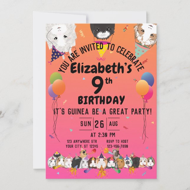 Invitation Cochons et ballons de Guinée mignonne fête d'anniv (Devant)