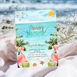 Invitation Cocktail Baby Shower Palmiers de Plage Flamants Ro