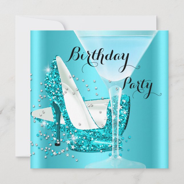 Invitation Cocktail bleu turquoise talons hauts Anniversaire  (Devant)