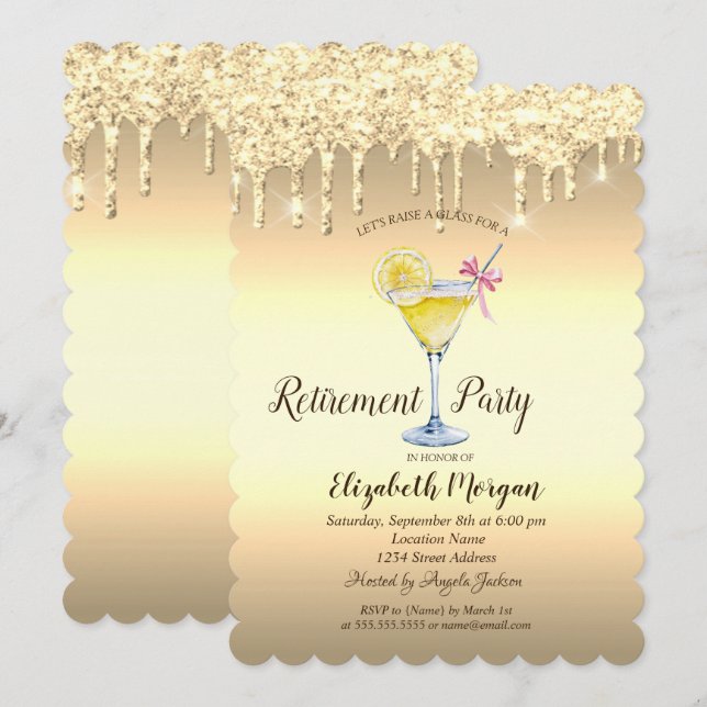 Invitation Cocktail Citron Parties scintillant Or Baisse Retr (Devant / Derrière)