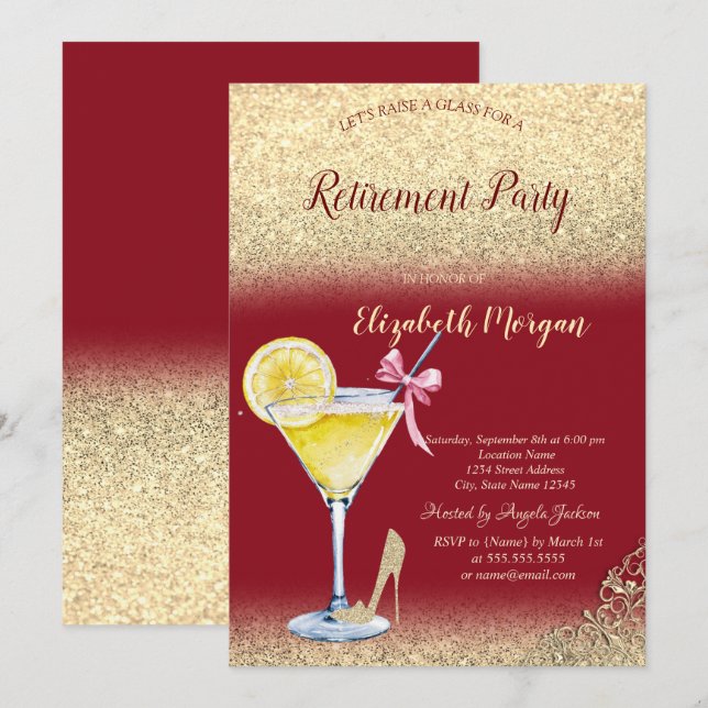 Invitation Cocktail Citron Parties scintillant or Retraite ro (Devant / Derrière)