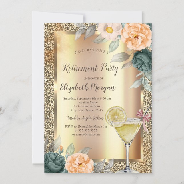 Invitation Cocktail Citron Rose Parties scintillant or retrai (Devant)