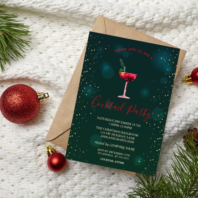 Invitation Cocktail Confetti Stars Green Christmas Party (Créateur téléchargé)