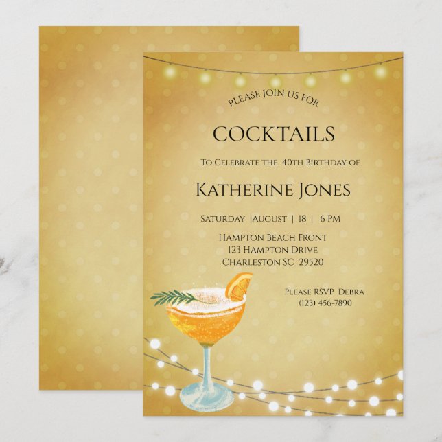 Invitation Cocktail de 40e anniversaire féminin (Devant / Derrière)