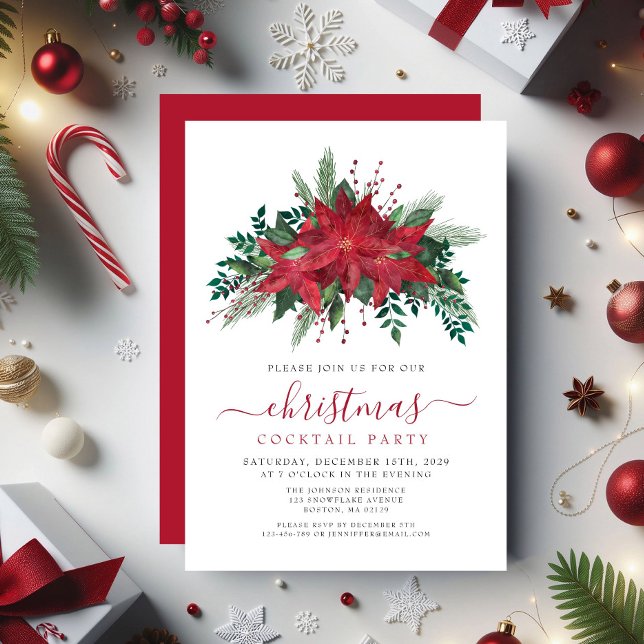 Invitation Cocktail de Noël Floral Poinsettia rouge (Red Poinsettia Floral Christmas Cocktail Party Invitation)