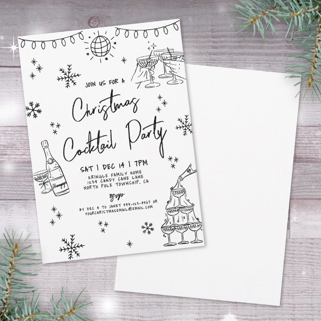 Invitation Cocktail de Noël Whimsical tiré à la main (Hand Drawn Whimsical Christmas Cocktail Party Invitation)