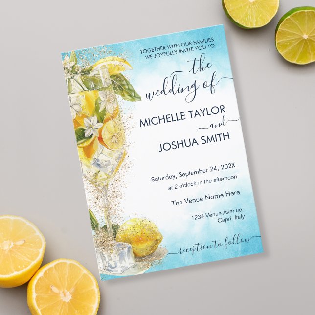 Invitation Cocktail d'été citron Italie Destination Mariage (blue and yellow watercolor limoncello)