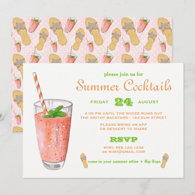 Invitation Cocktail d'été d'aquarelle (Devant / Derrière)