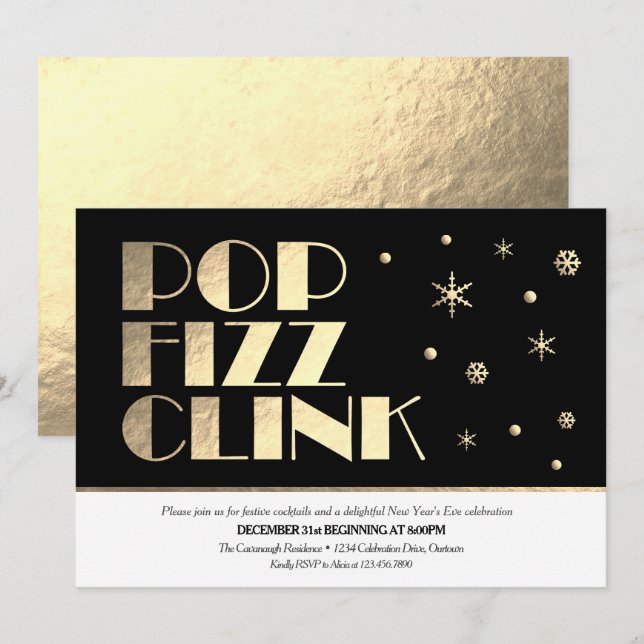 Invitation Cocktail du Nouvel An festif (Devant / Derrière)