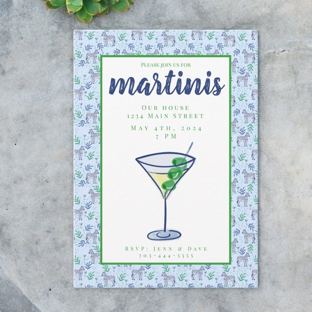 Invitation Cocktail élégant Martini Zèbre Martini Bleu Soirée (Créateur téléchargé)