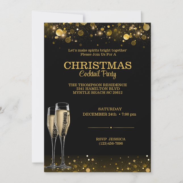 Invitation Cocktail élégant Noël Black Gold Party (Devant)
