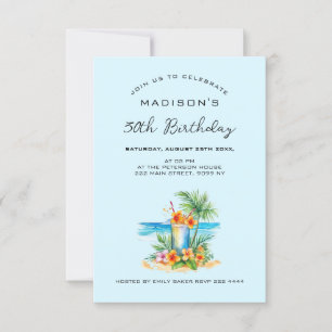 Invitation Cocktail et fleur exotique à l'anniversaire bleu