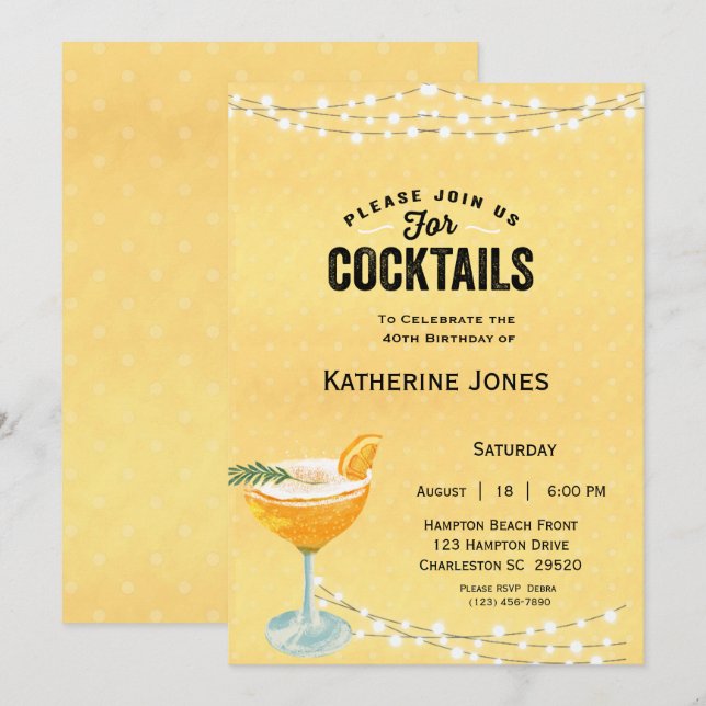 Invitation Cocktail féminin Jaune 40e anniversaire (Devant / Derrière)