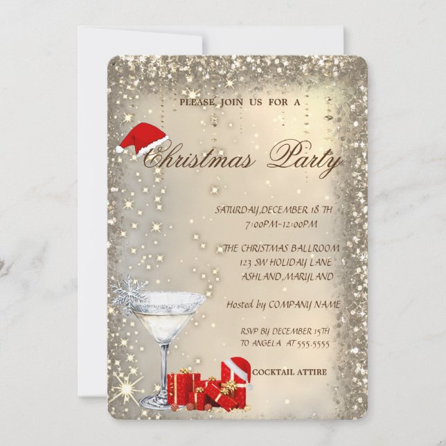 Invitation Cocktail Glass Santa Hat Presents Christmas Party (Devant)