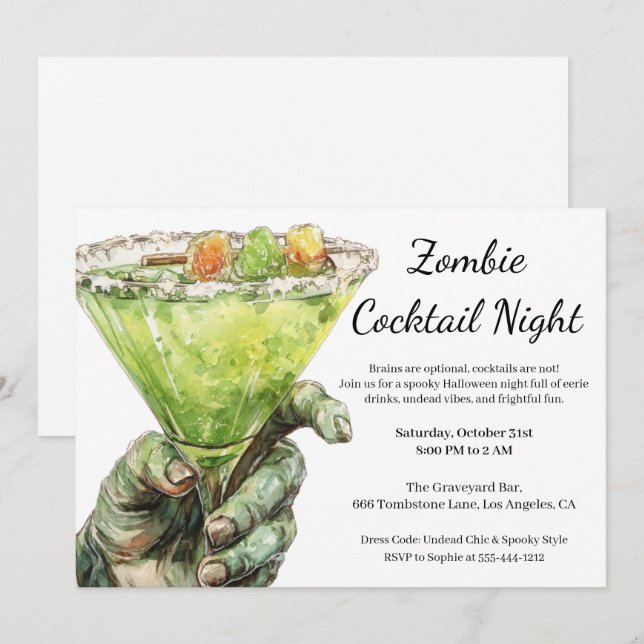 Invitation Cocktail Halloween | Main Zombie avec un verre (Devant / Derrière)