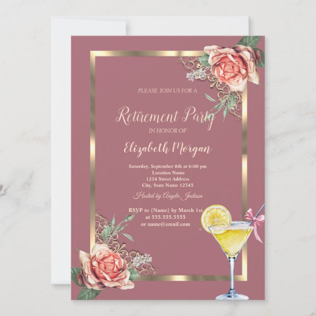 Invitation Cocktail Lemon Floral Frame Retraite Rose (Devant)