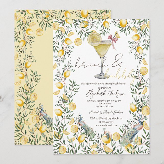 Invitation Cocktail Lemons Peacock Brunch Bubble (Devant / Derrière)