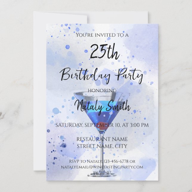Invitation Cocktail martini bleu sur blanc (Devant)