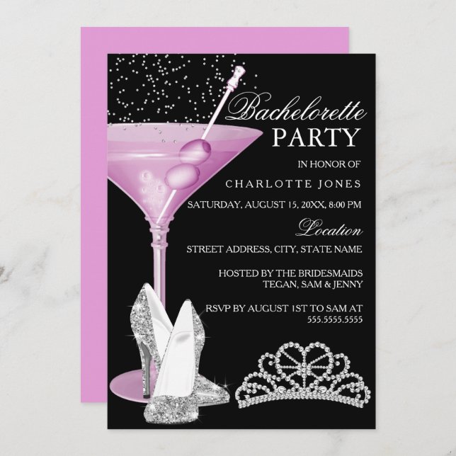 Invitation Cocktail Pink Sparkle Bachelorette (Devant / Derrière)