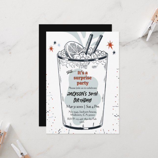 Invitation Cocktail retro boisson thème 30ème anniversaire su (Devant/Arrière en situation)