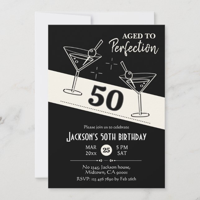 Invitation Cocktail rétro martini noir & blanc 50e anniversai (Devant)