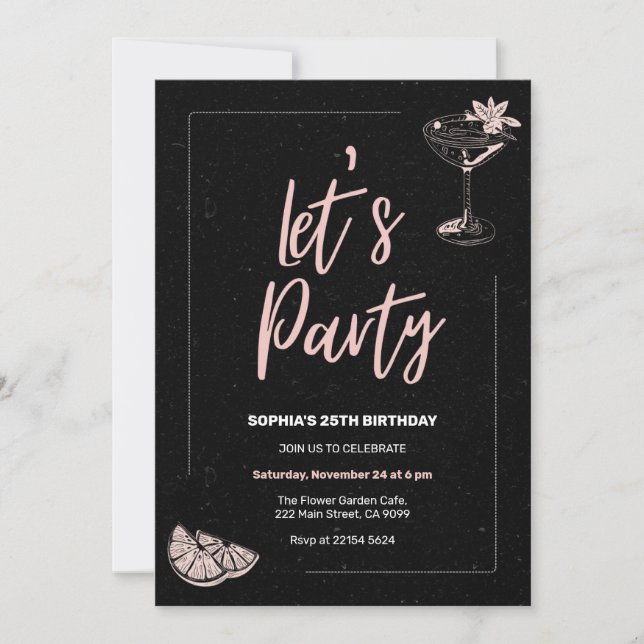 Invitation Cocktail rose Arrière - plan noir Anniversaire (Devant)