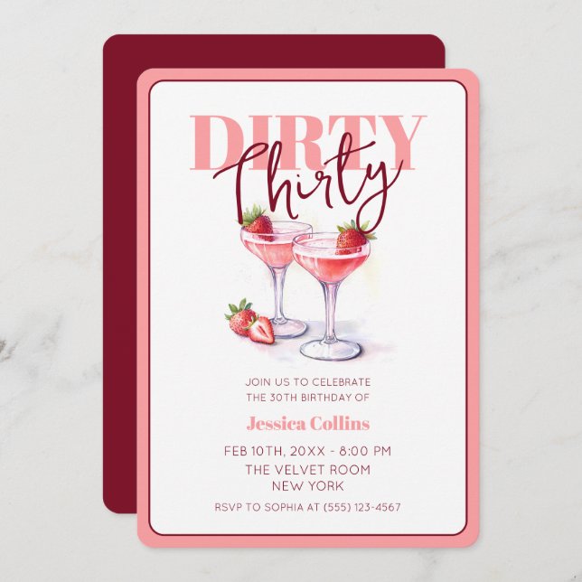 Invitation Cocktail rouge rose 30e fête d'anniversaire (Devant / Derrière)