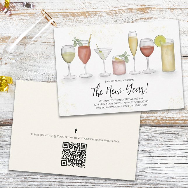 Invitation Cocktail simple New Years Party Boissons Code QR (Créateur téléchargé)