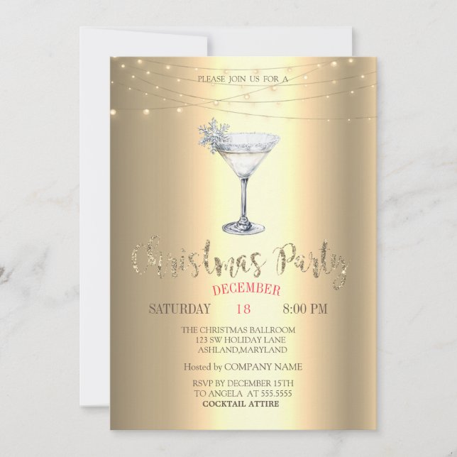 Invitation  Cocktail Snowflake String Lights Gold Christmas  (Devant)