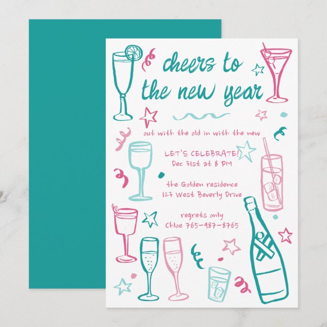 Invitation Cocktail Whimsical NEW YEAR Party Boissons sur mes (Devant / Derrière)