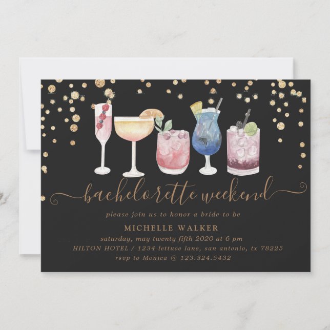 Invitation cocktails bulles week-end de bachelorette or (Devant)