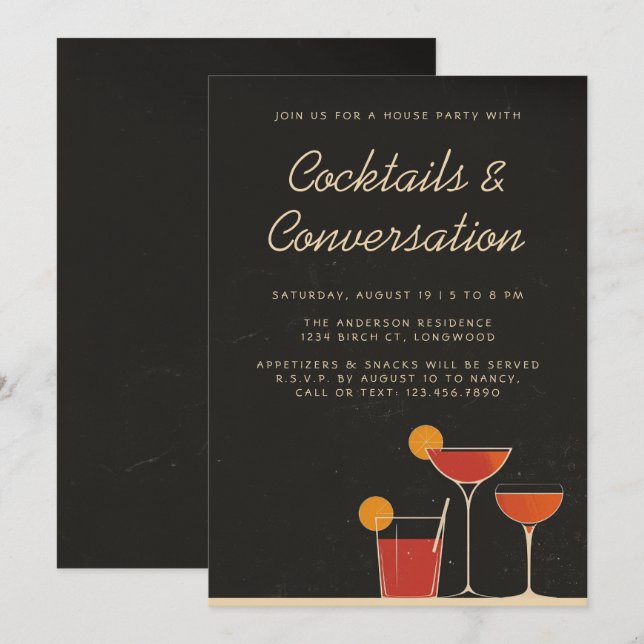Invitation Cocktails & Conversation Retro Boissons House Part (Devant / Derrière)