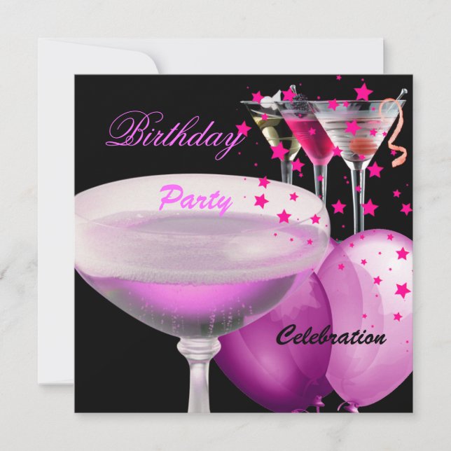 Invitation Cocktails de Champagne Rosé Noir Anniversaire (Devant)