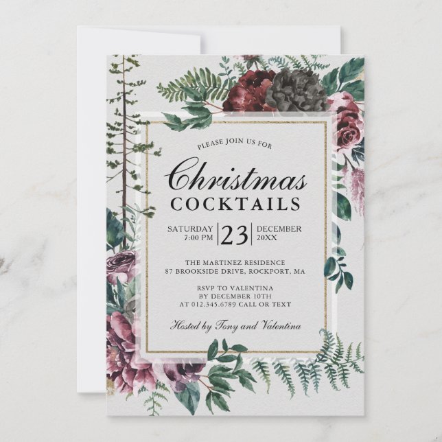 Invitation Cocktails de Noël Rustique Bourgogne Rouge Floral (Devant)