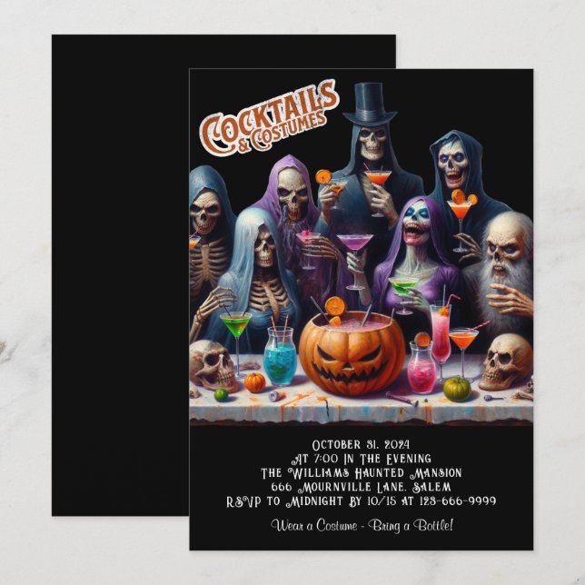 Invitation Cocktails et costumes Fête d'Halloween (Devant / Derrière)