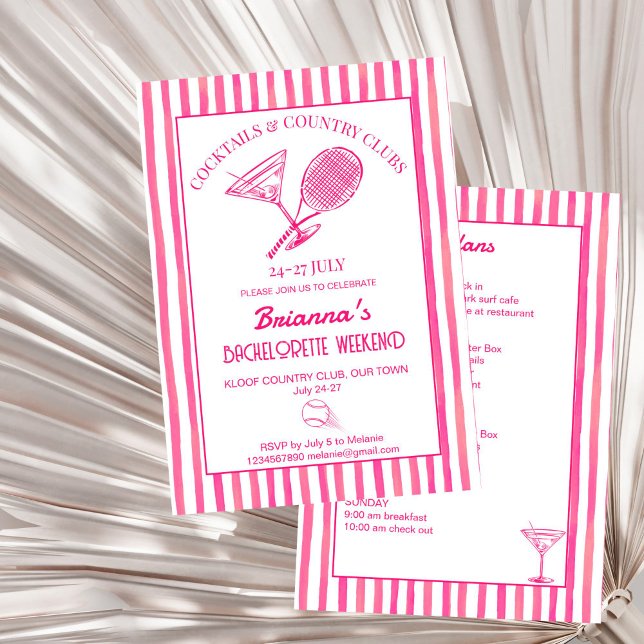 Invitation Cocktails et country clubs tennis Bachelorette (Cocktails and country clubs tennis last swing Bachelorette weekend itinerary Invitation template)
