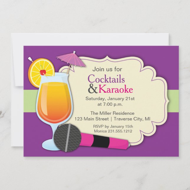 Invitation Cocktails et fête d'anniversaire de karaoke (Devant)