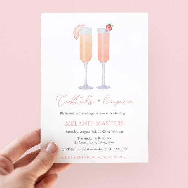 Invitation Cocktails et Wedding shower Lingerie Bachelorette (Cocktails & Lingerie Bridal Shower Invitation featuring watercolor fruit bellini cocktails)