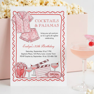 Invitation Cocktails roses et filles en pyjama Soirée d'anniv