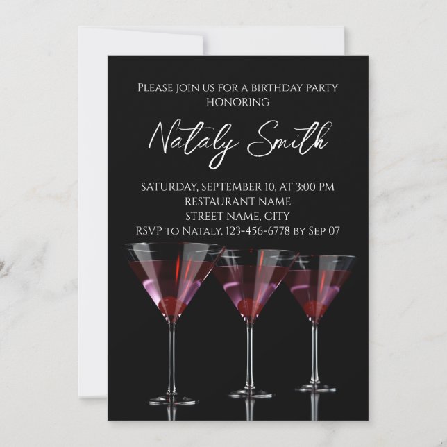 Invitation Cocktails rouges en verre de martini à la cerise (Devant)